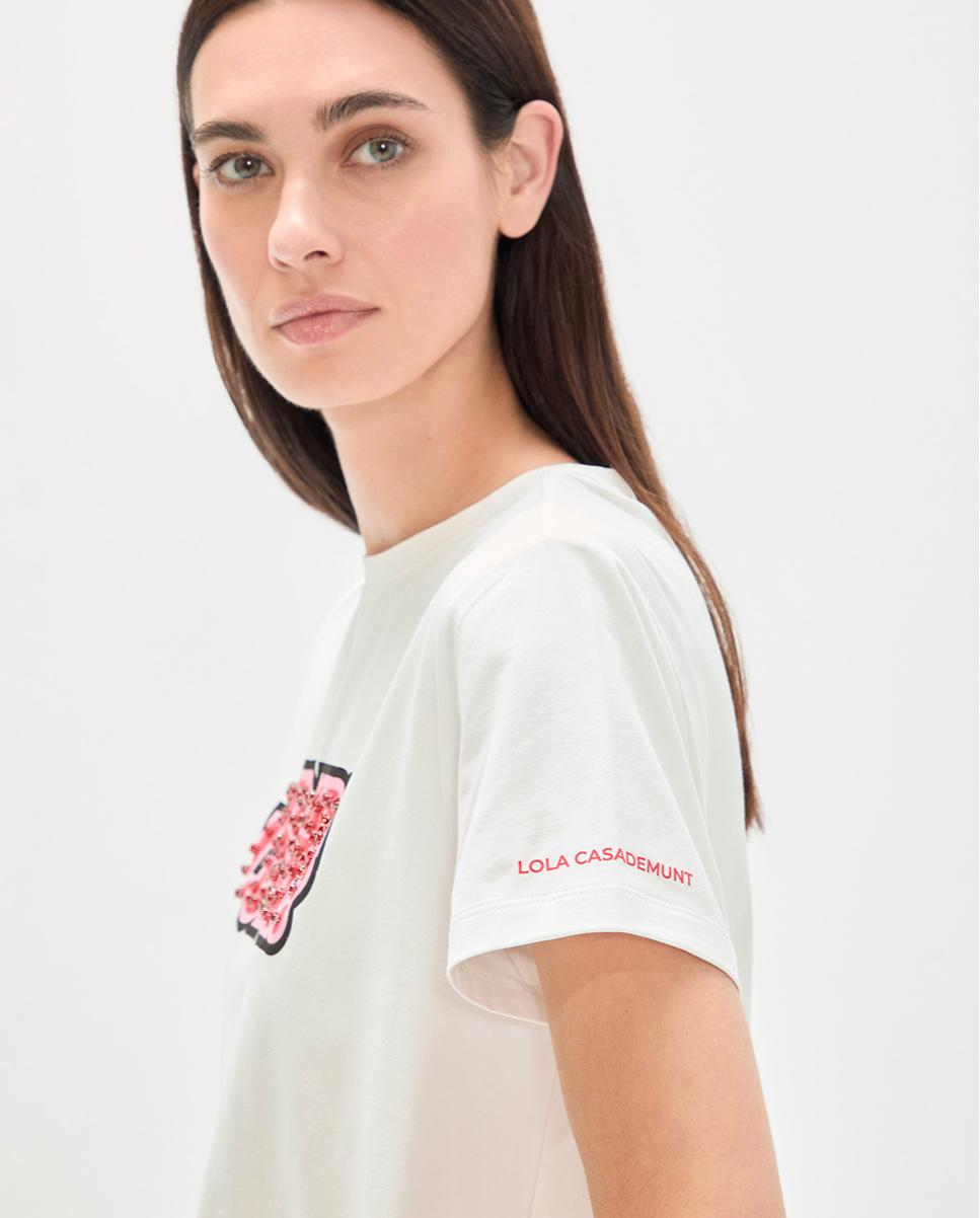 T-shirt com Mensagem Frontal de Pedraria Branco-4
