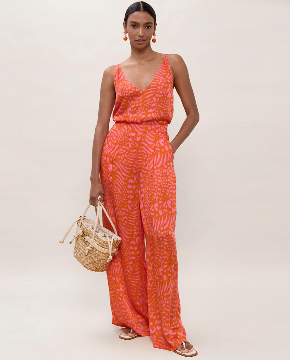 Calças Largas Fluídas com Estampado de Manchas Laranja-4