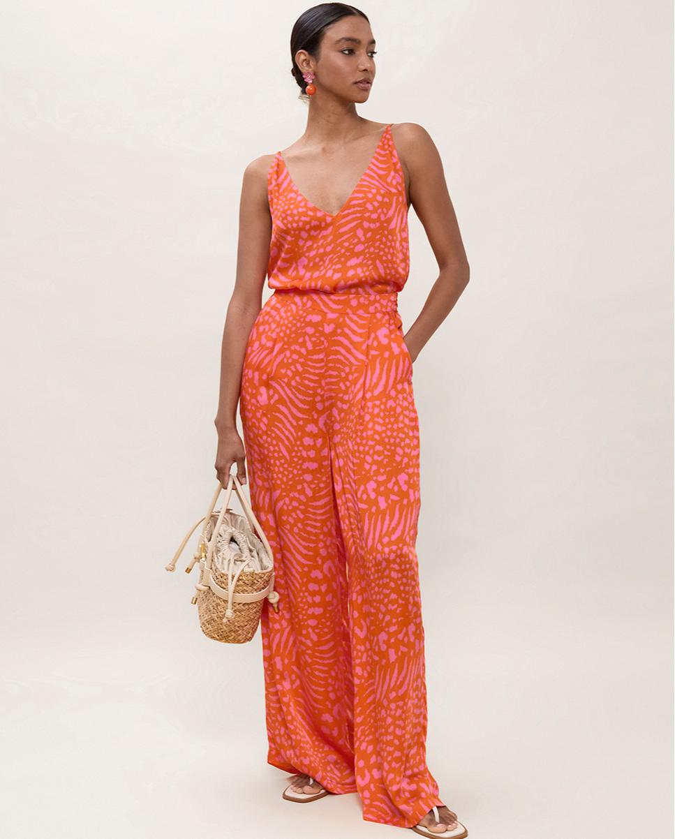 Calças Largas Fluídas com Estampado de Manchas Laranja-5