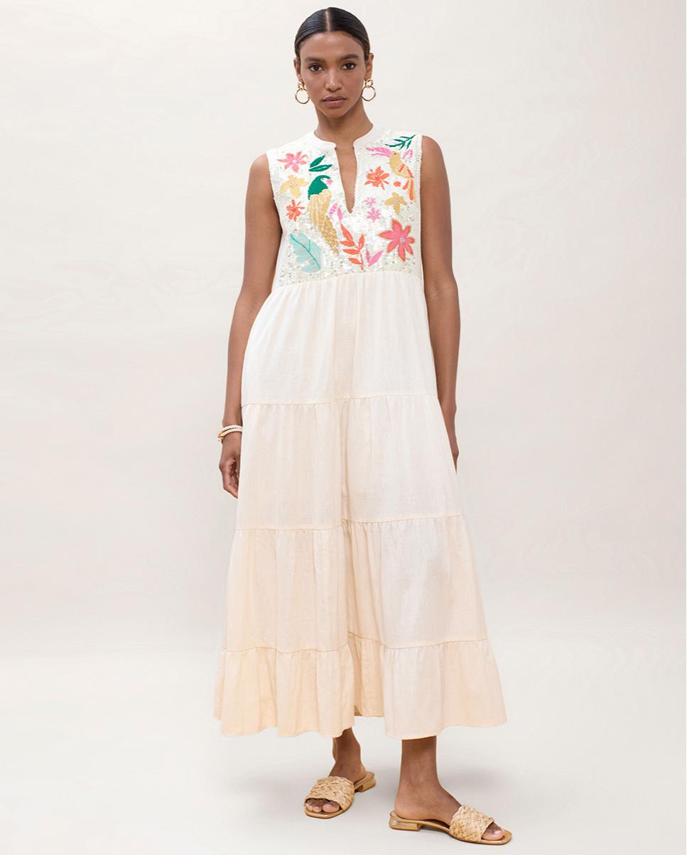 Imagem 0 de Vestido Comprido com Folhos sem Mangas