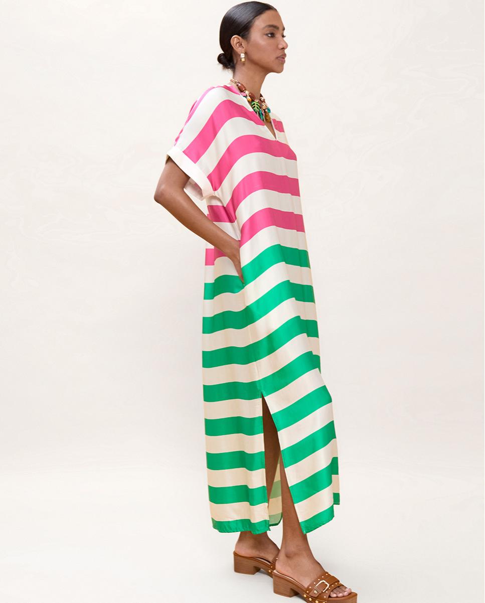 Vestido Comprido Às Riscas Tricolor Rosa / Verde-2