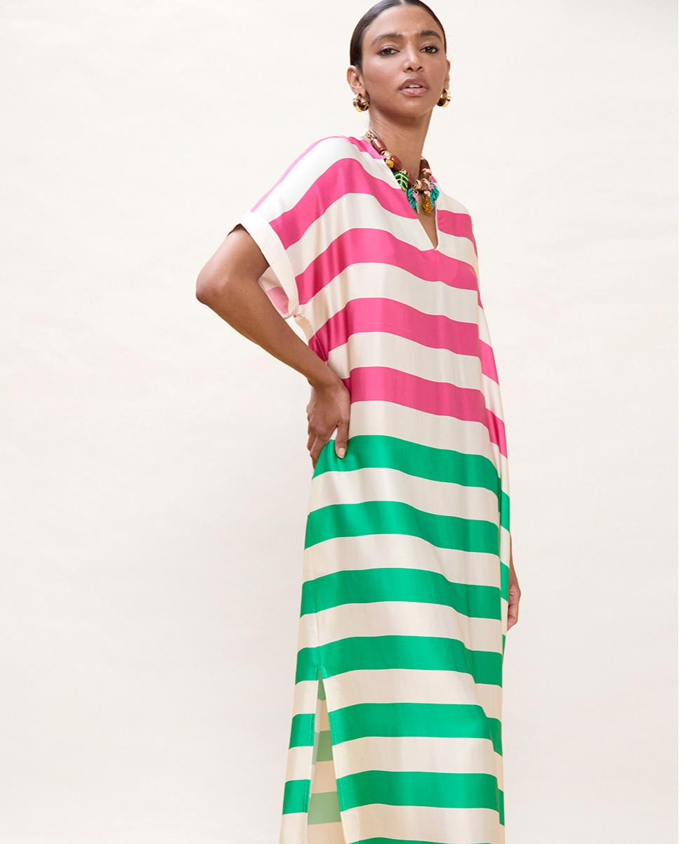 Vestido Comprido Às Riscas Tricolor Rosa / Verde-3