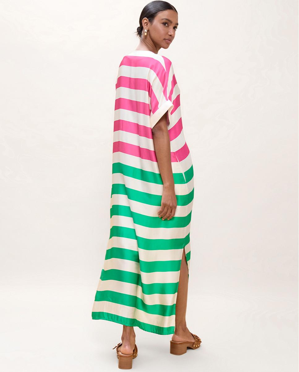 Vestido Comprido Às Riscas Tricolor Rosa / Verde-4