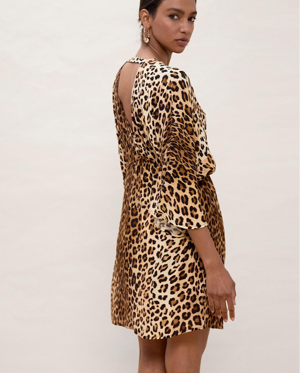 Vestido Curto Animal Print com Mangas Largas Preto / Natural-2