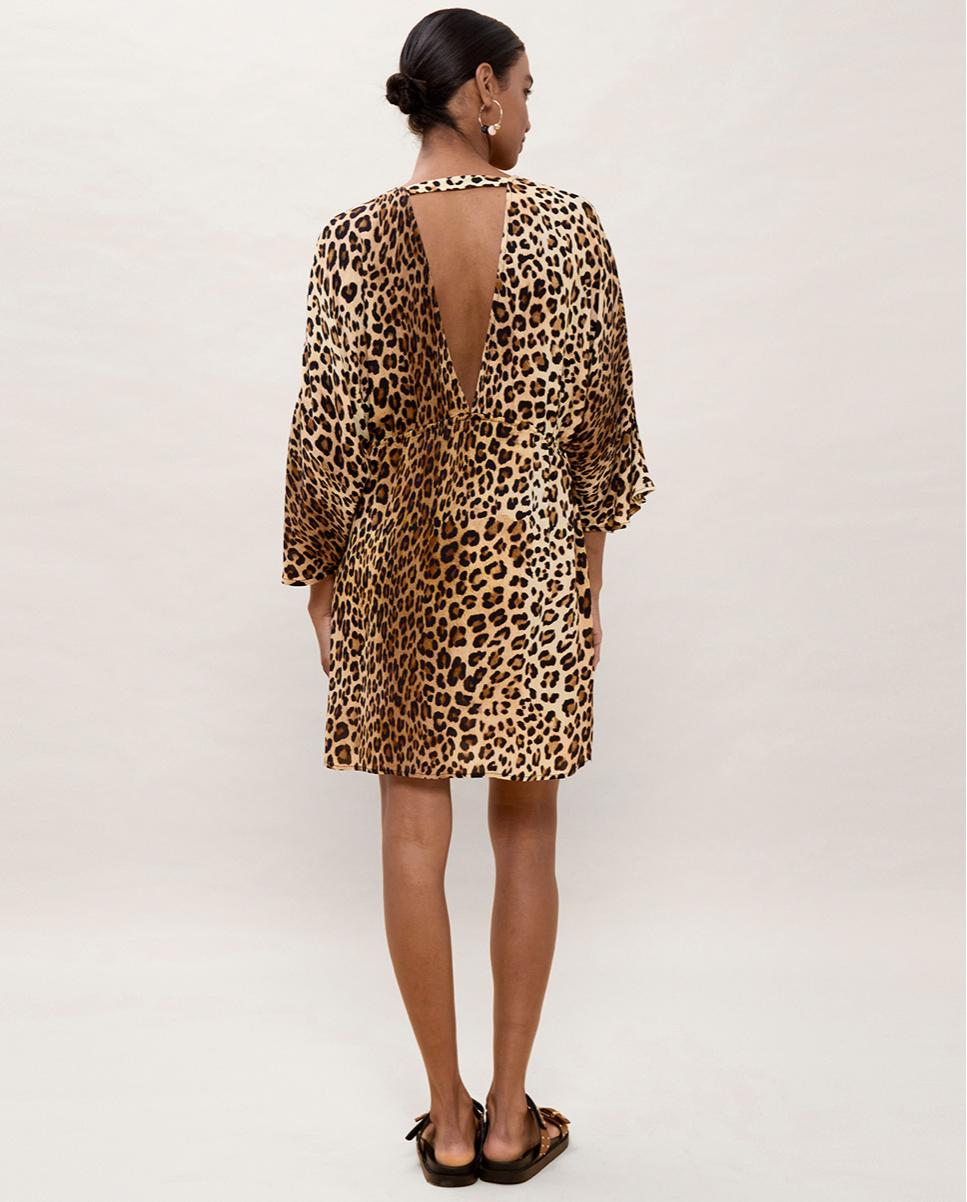 Vestido Curto Animal Print com Mangas Largas Preto / Natural-3