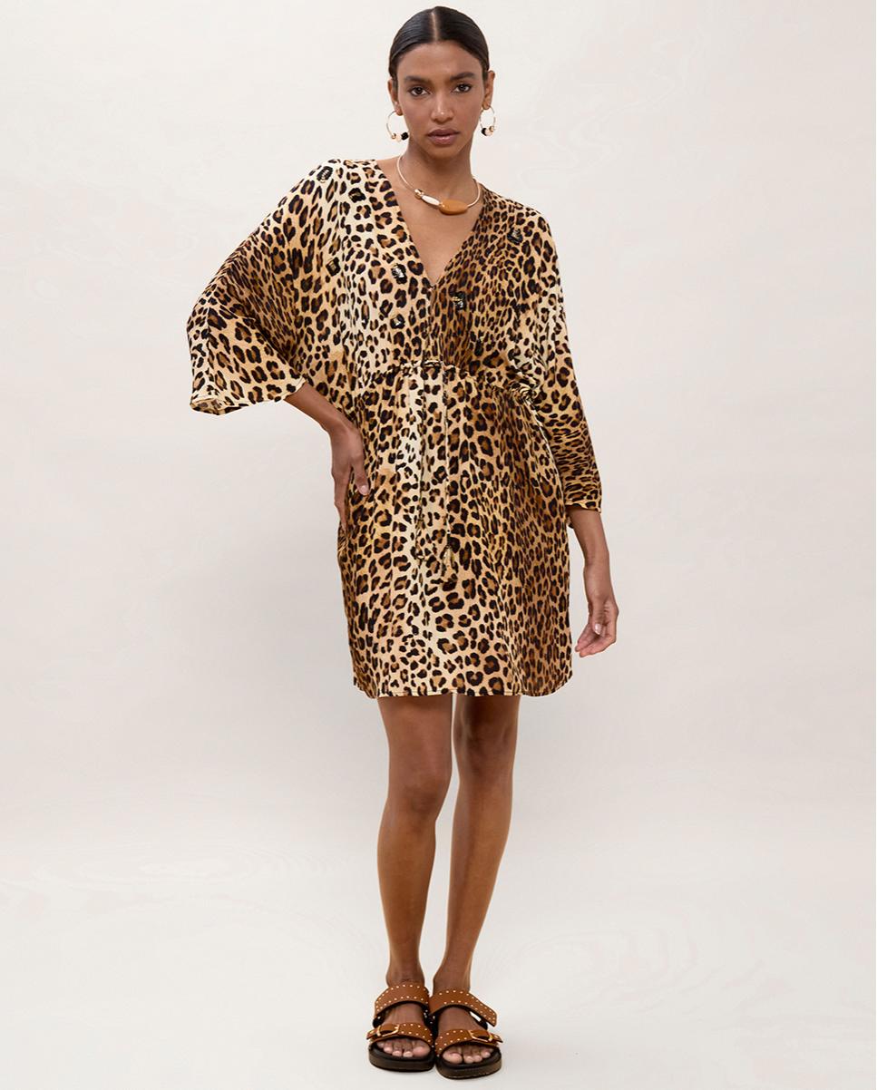 Vestido Curto Animal Print com Mangas Largas Preto / Natural-4