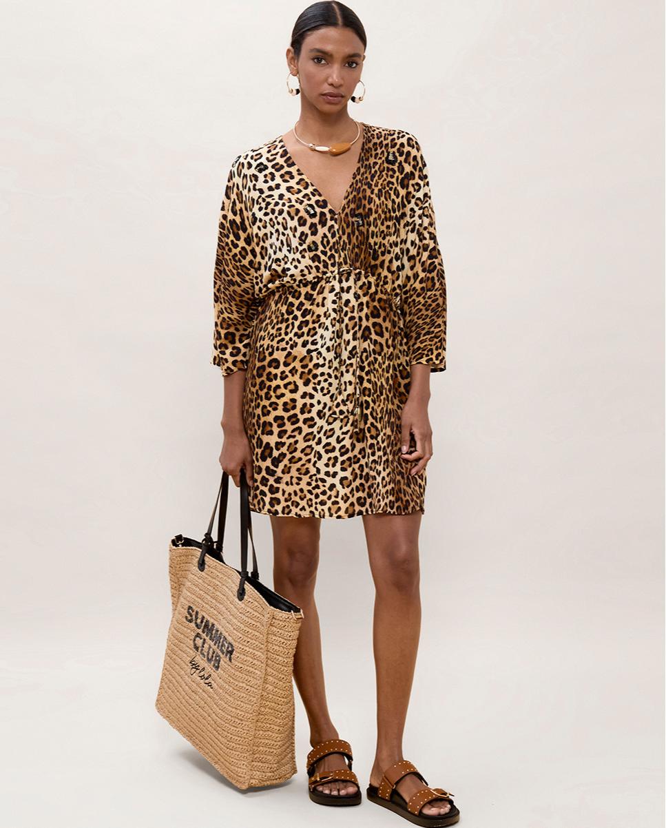 Vestido Curto Animal Print com Mangas Largas Preto / Natural-5