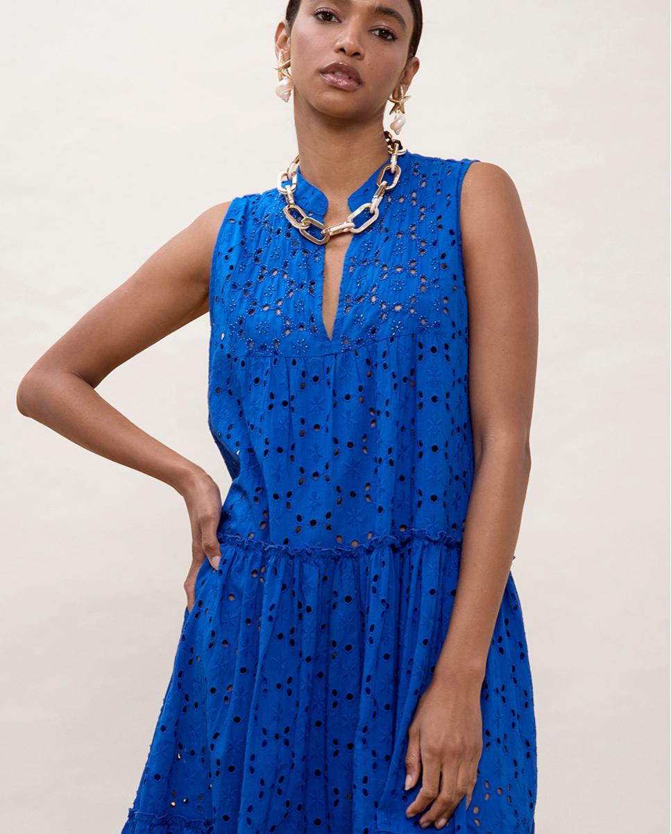 Vestido Comprido com Bordado Suíço Azul Royal-2
