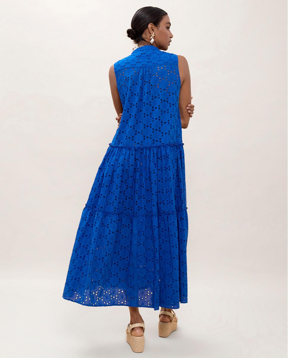 Vestido Comprido com Bordado Suíço Azul Royal-3