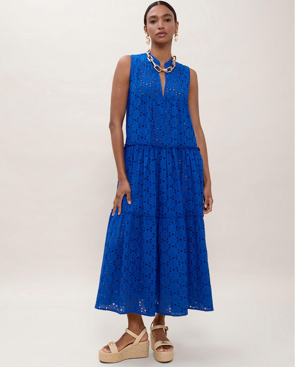 Vestido Comprido com Bordado Suíço Azul Royal-4