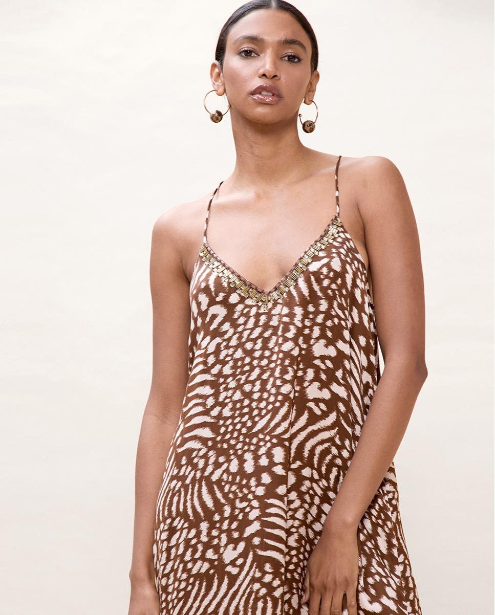 Vestido Comprido de Alças com Estampado às Bolinhas Castanho / Branco gasto-2