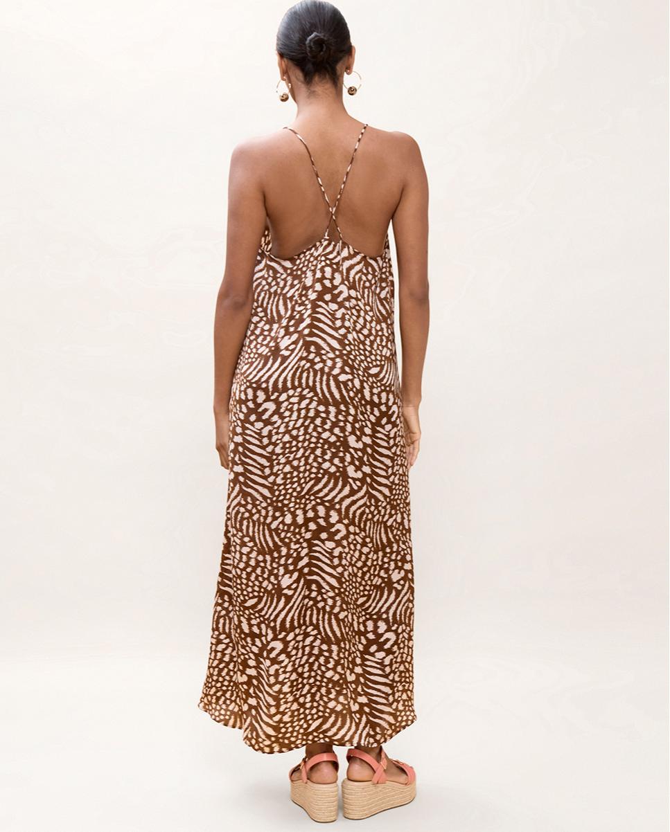 Vestido Comprido de Alças com Estampado às Bolinhas Castanho / Branco gasto-4