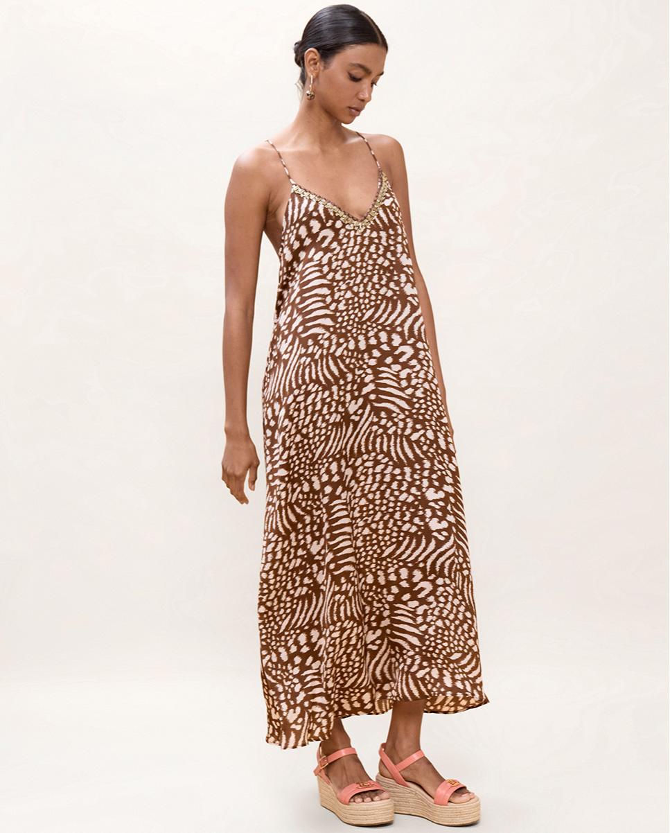 Vestido Comprido de Alças com Estampado às Bolinhas Castanho / Branco gasto-5