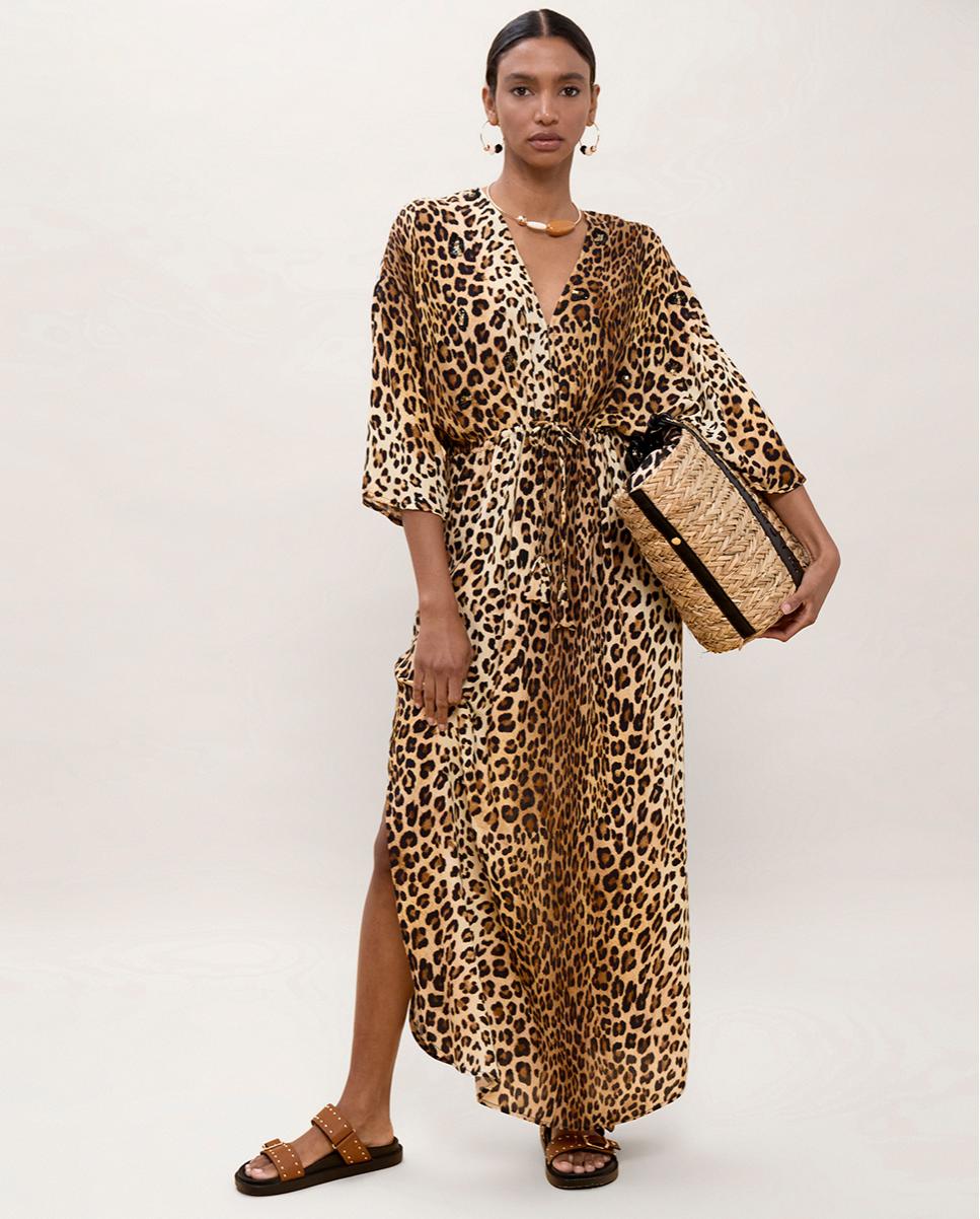 Imagem 0 de Vestido Comprido Animal Print com Mangas Largas