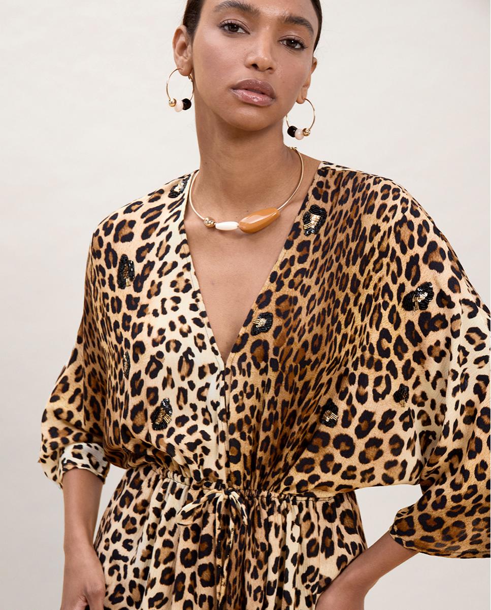 Vestido Comprido Animal Print com Mangas Largas Preto / Natural-2