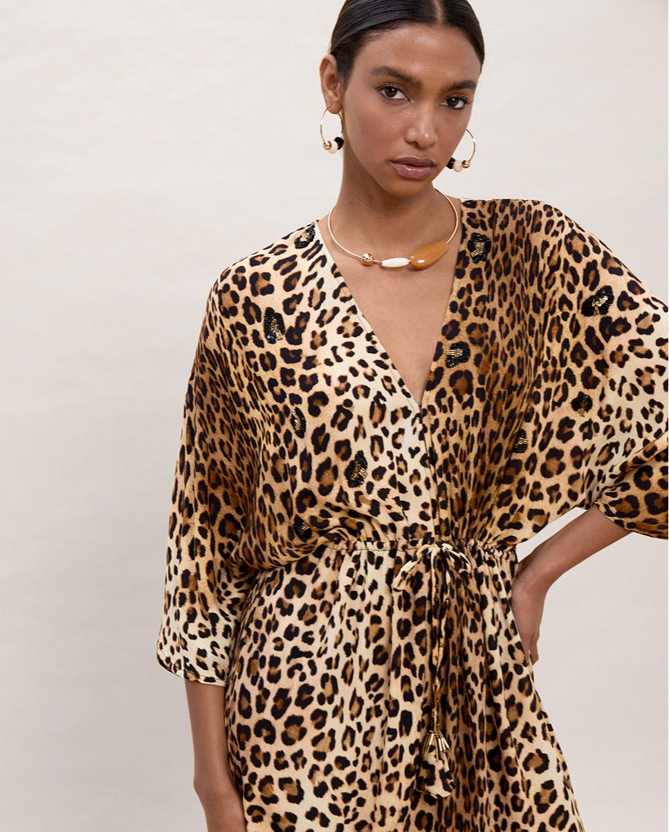 Vestido Comprido Animal Print com Mangas Largas Preto / Natural-3
