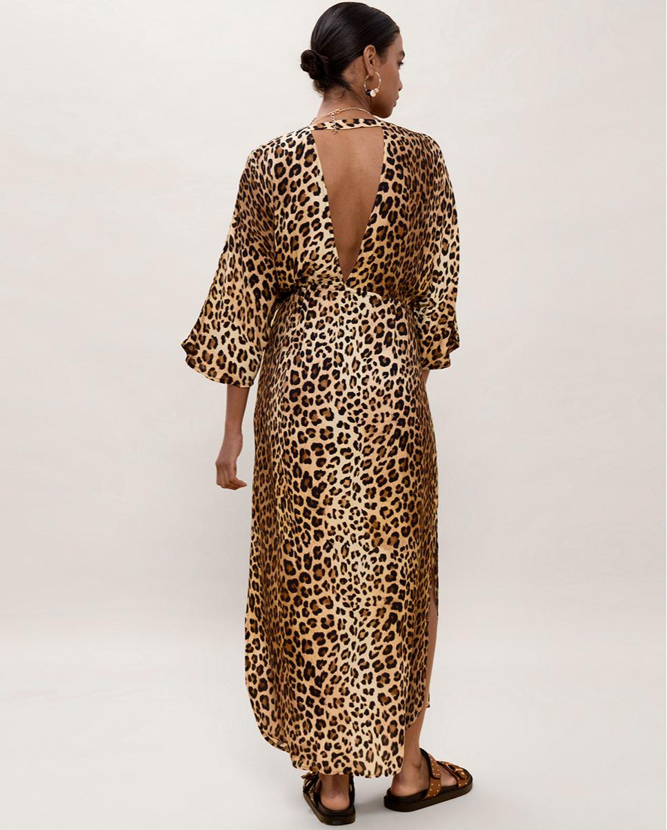 Vestido Comprido Animal Print com Mangas Largas Preto / Natural-4