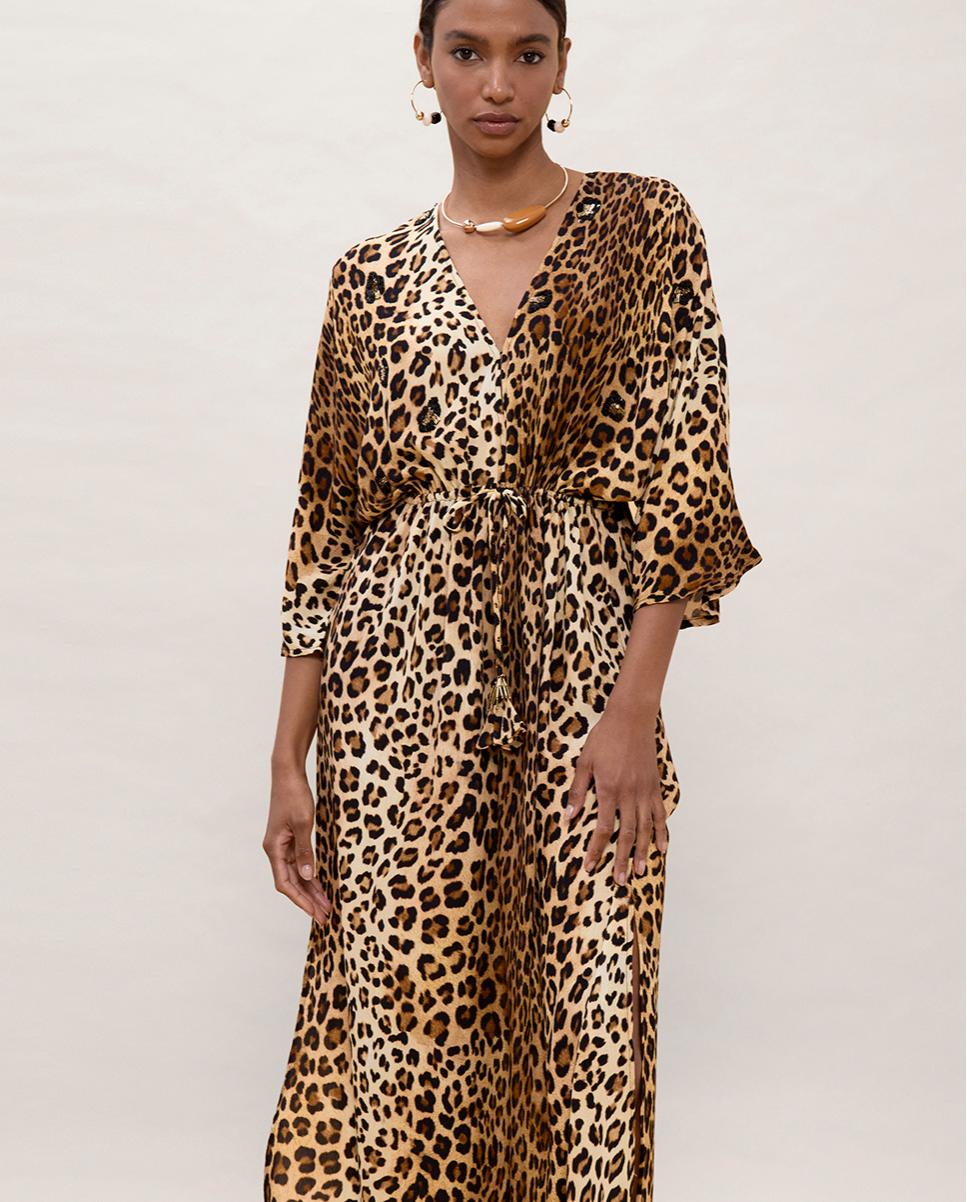 Vestido Comprido Animal Print com Mangas Largas Preto / Natural-5