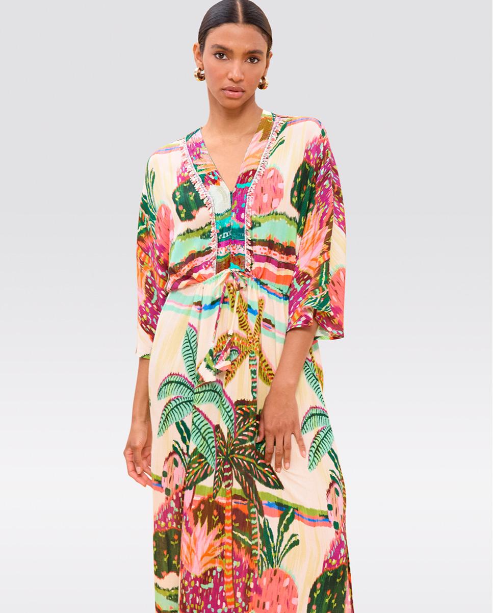 Vestido Comprido Estampado com Mangas Largas Multicolor-2