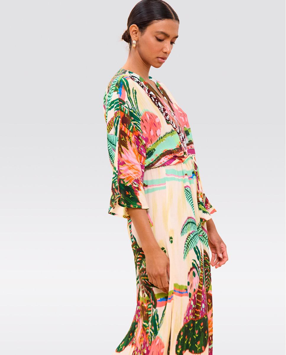 Vestido Comprido Estampado com Mangas Largas Multicolor-3