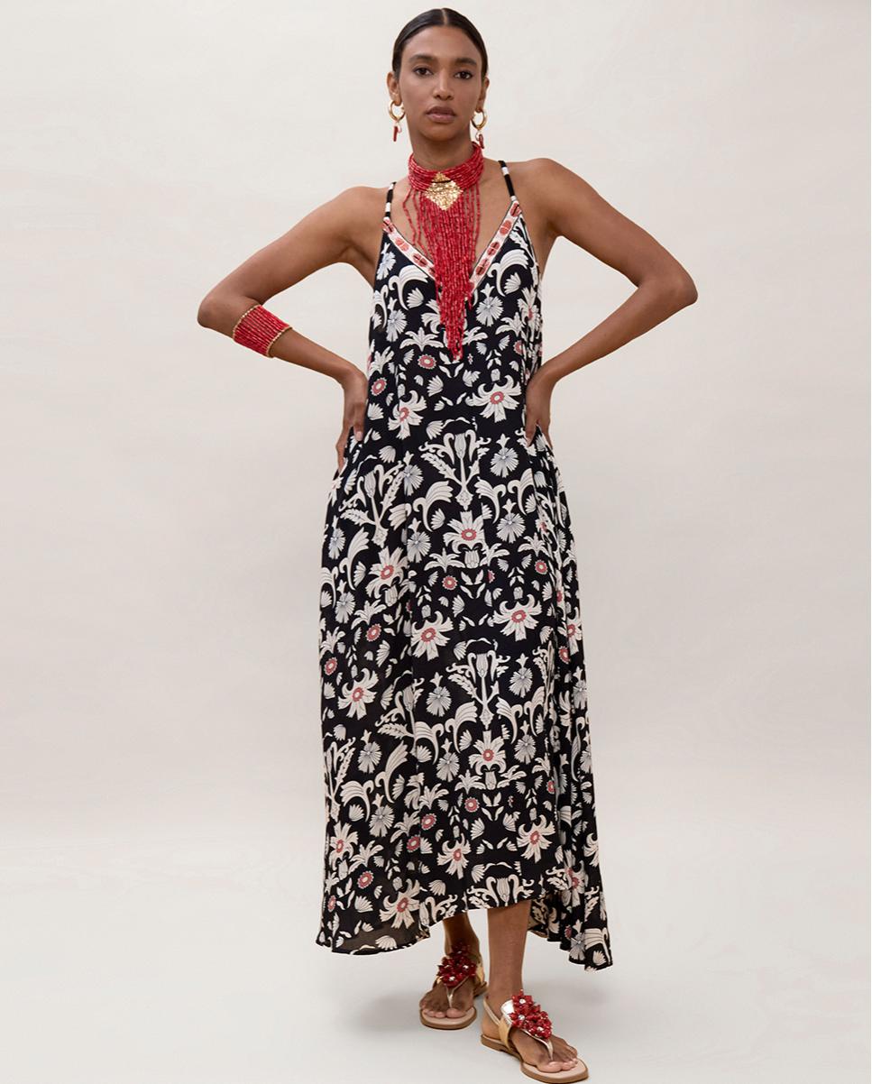 Vestido Comprido de Alças com Estampado Preto-4