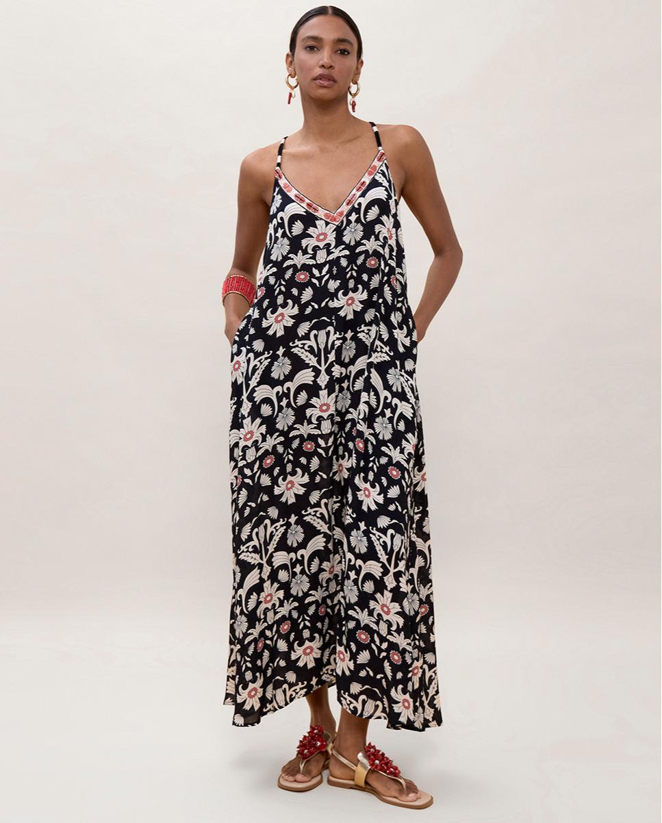 Vestido Comprido de Alças com Estampado Preto-1