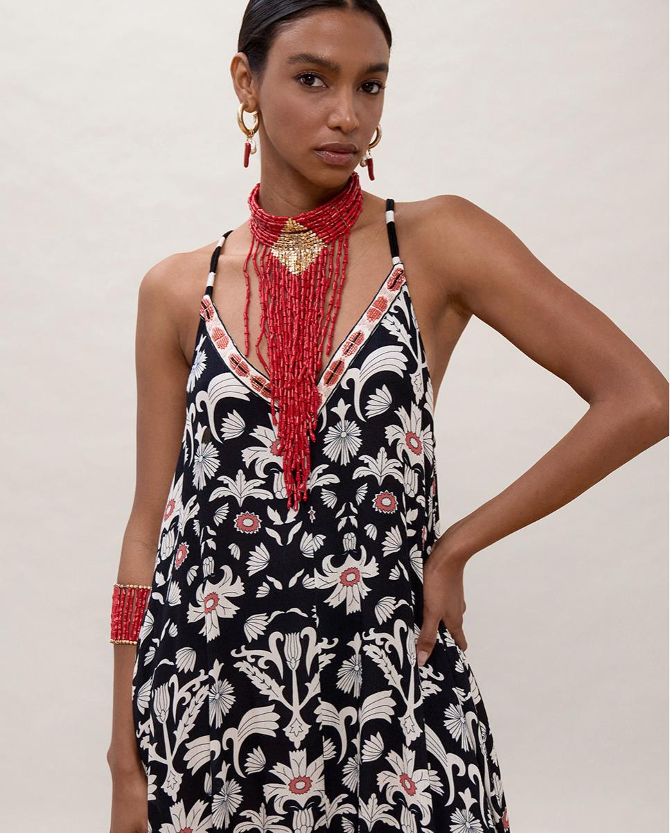 Vestido Comprido de Alças com Estampado Preto-2