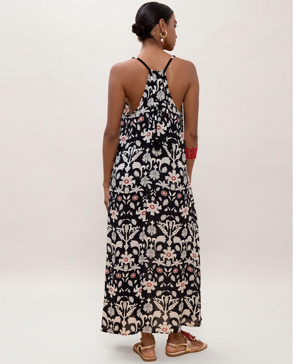 Vestido Comprido de Alças com Estampado Preto-3