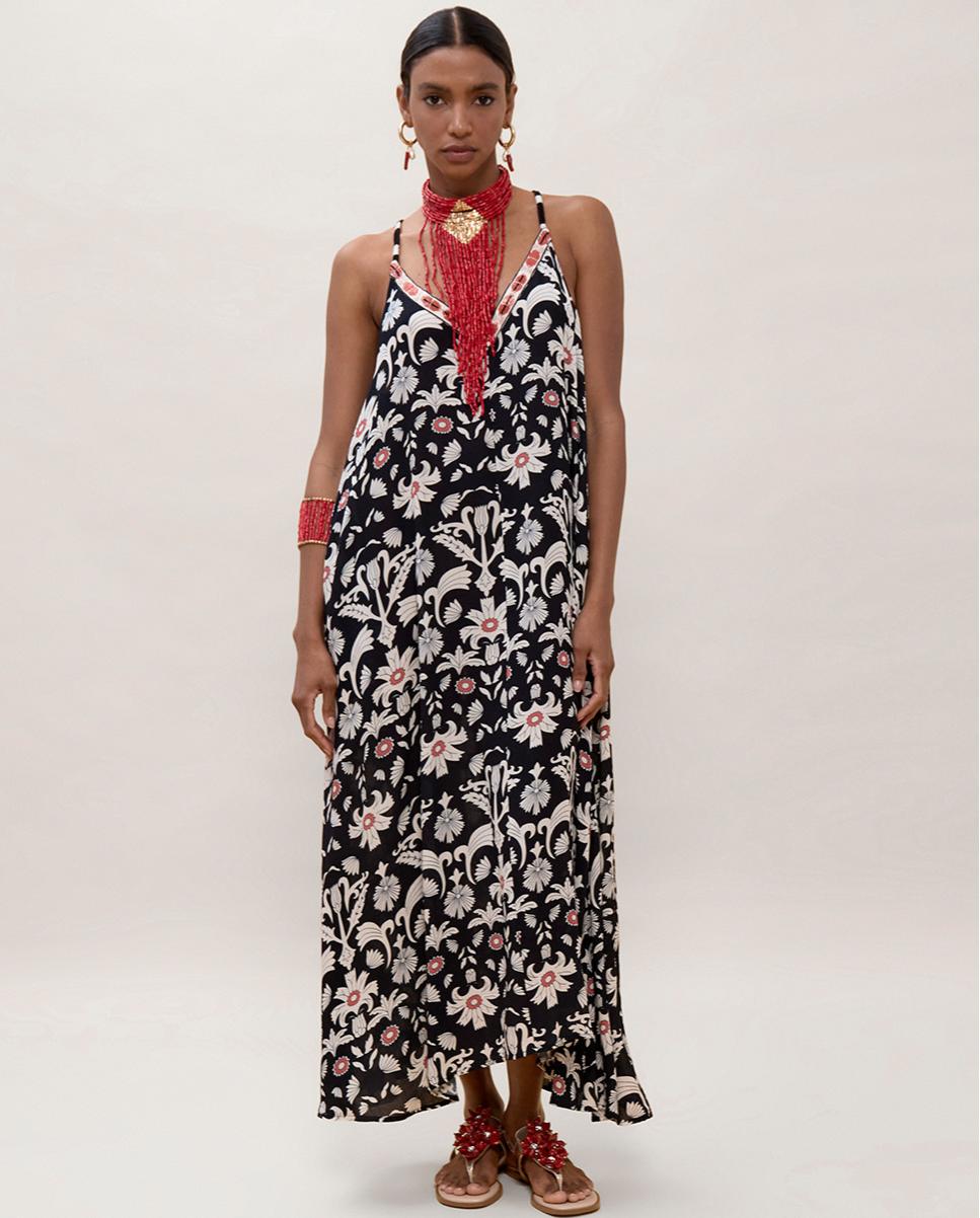 Vestido Comprido de Alças com Estampado Preto-5