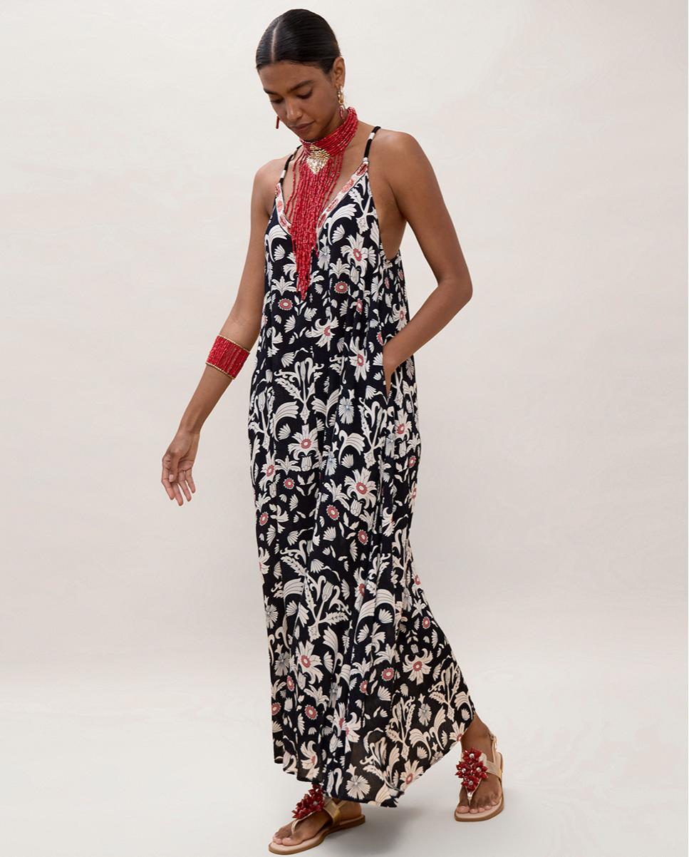 Vestido Comprido de Alças com Estampado Preto-6