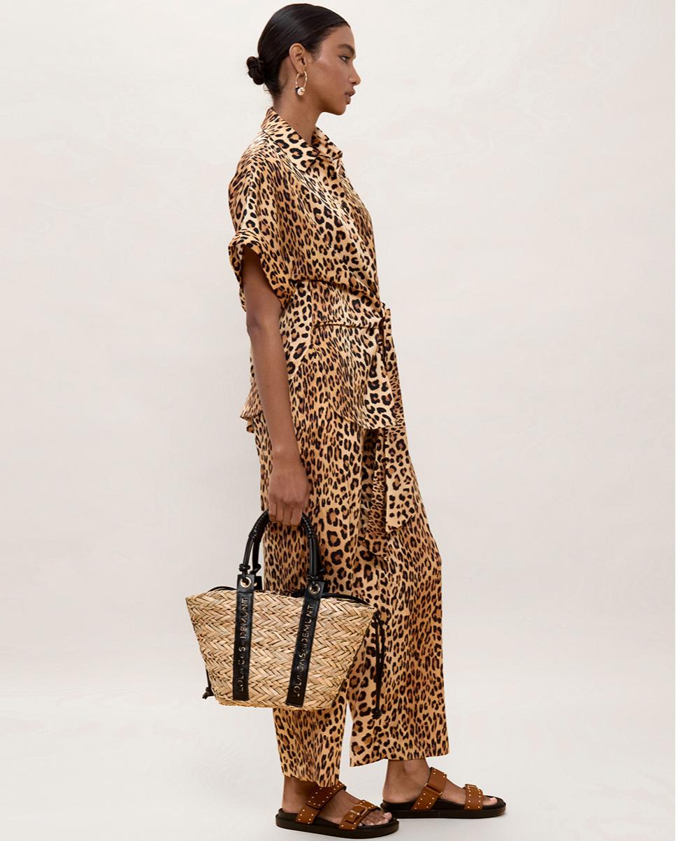 Calças Largas Animal Print com Bolsos Preto / Natural-3
