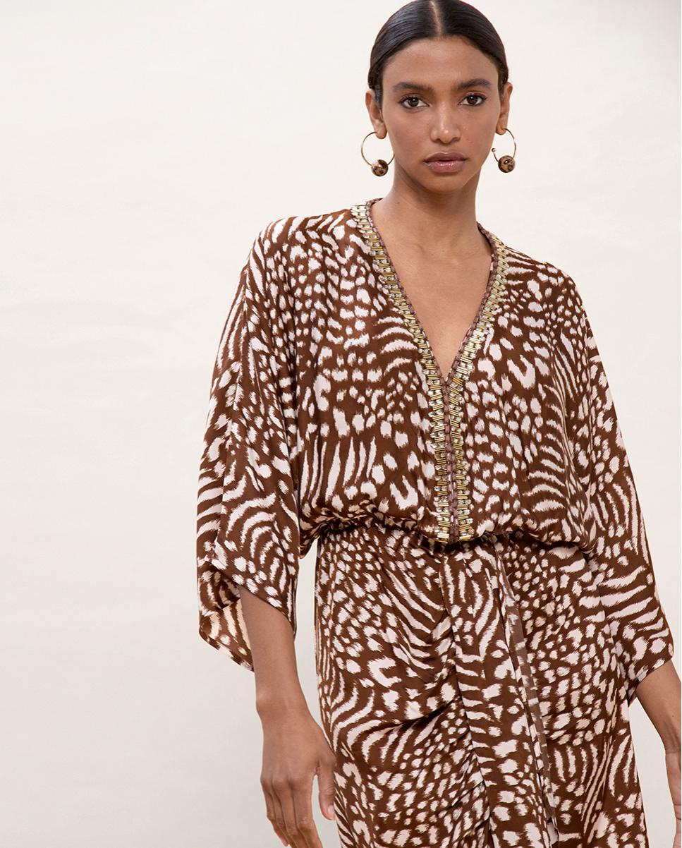 Vestido Comprido Estampado com Mangas Largas Castanho / Branco gasto-2