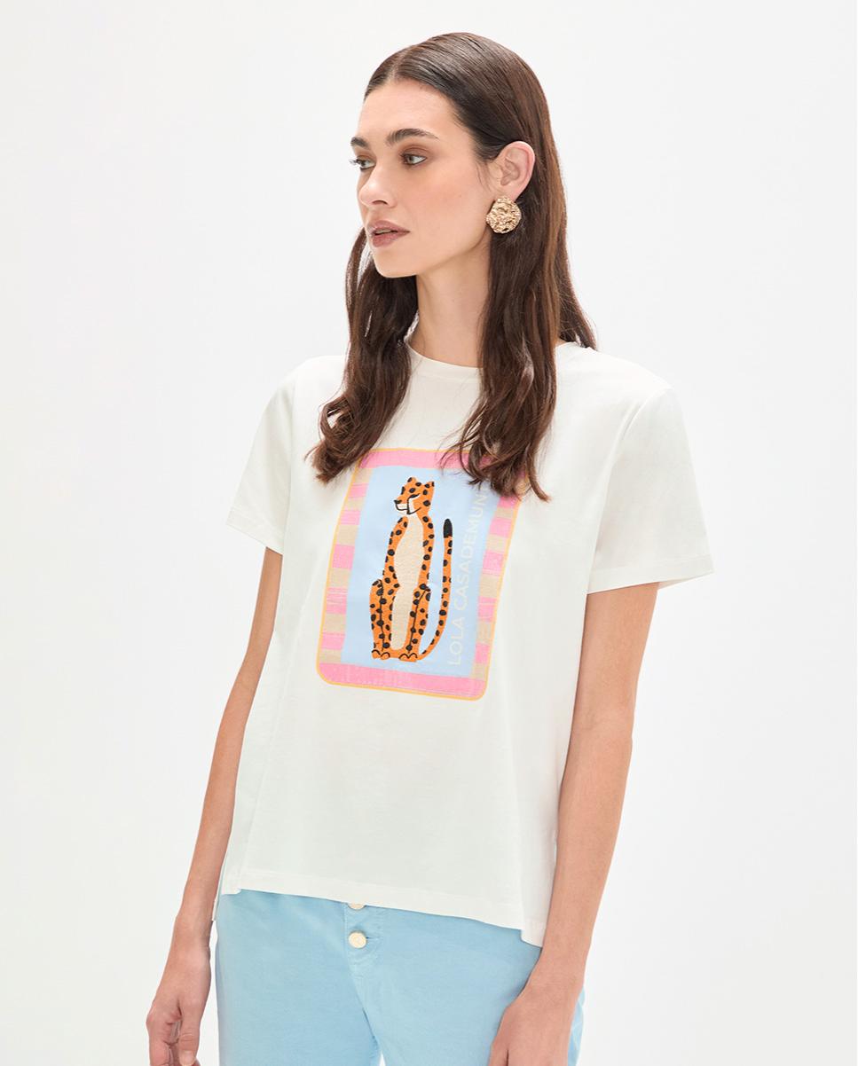 T-shirt com Bordado de Lantejoulas Transparentes Branco-1