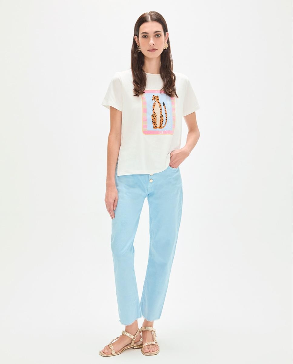 T-shirt com Bordado de Lantejoulas Transparentes Branco-2