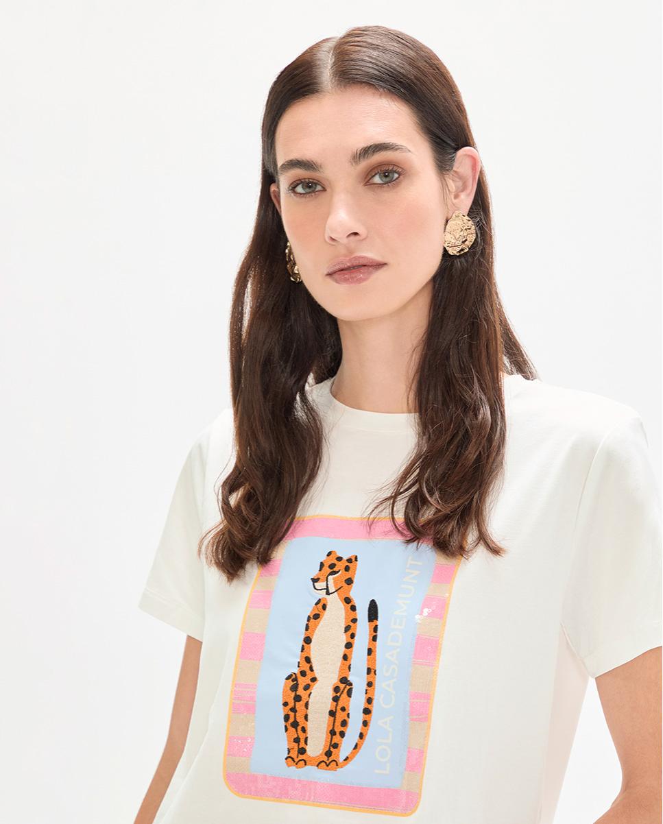 T-shirt com Bordado de Lantejoulas Transparentes Branco-3
