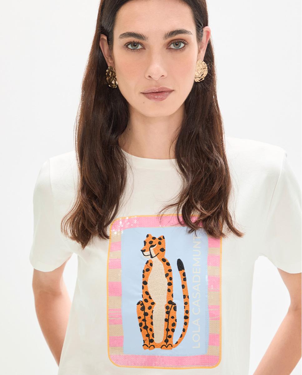 T-shirt com Bordado de Lantejoulas Transparentes Branco-4