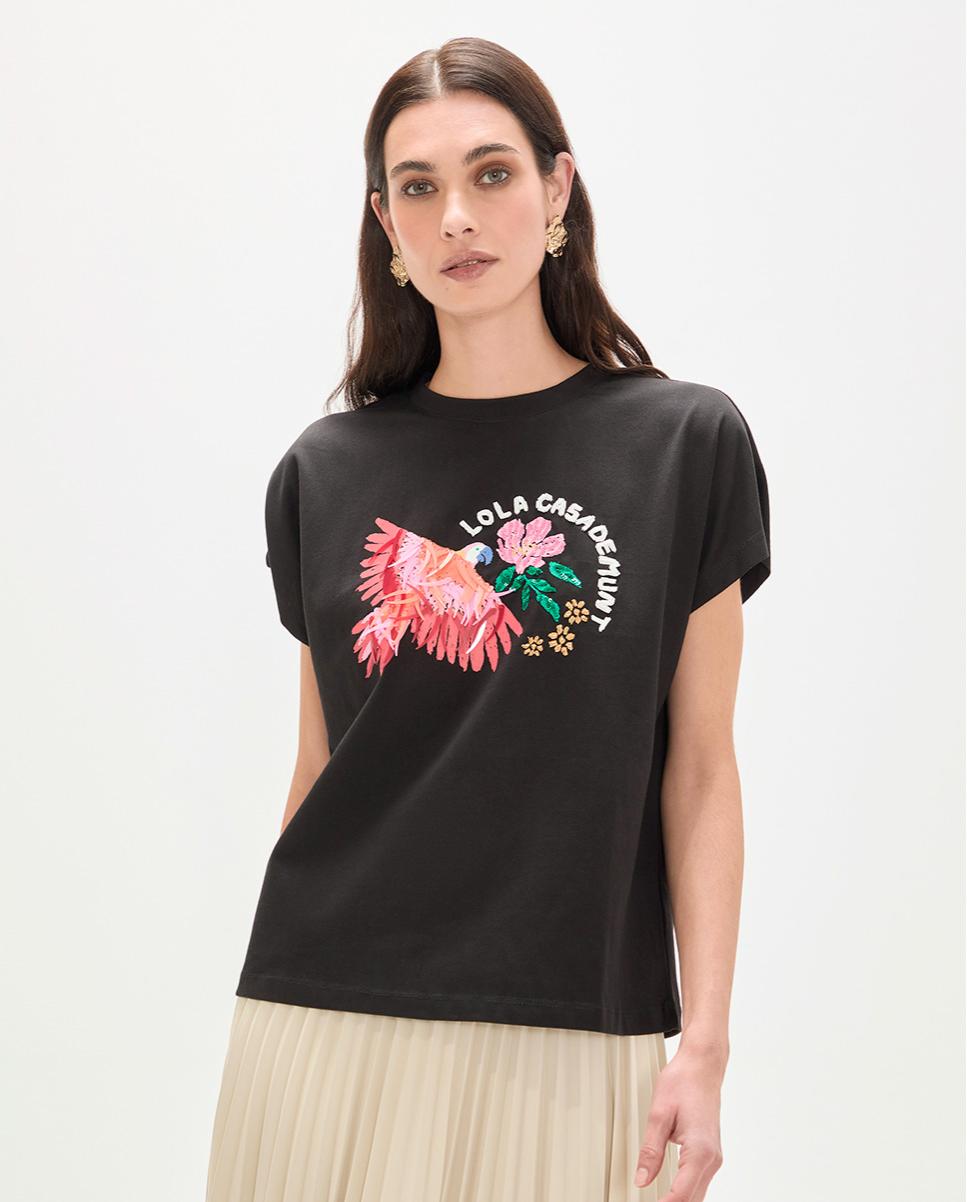 T-shirt com Motivo de Papagaio com Plumas Preto-1