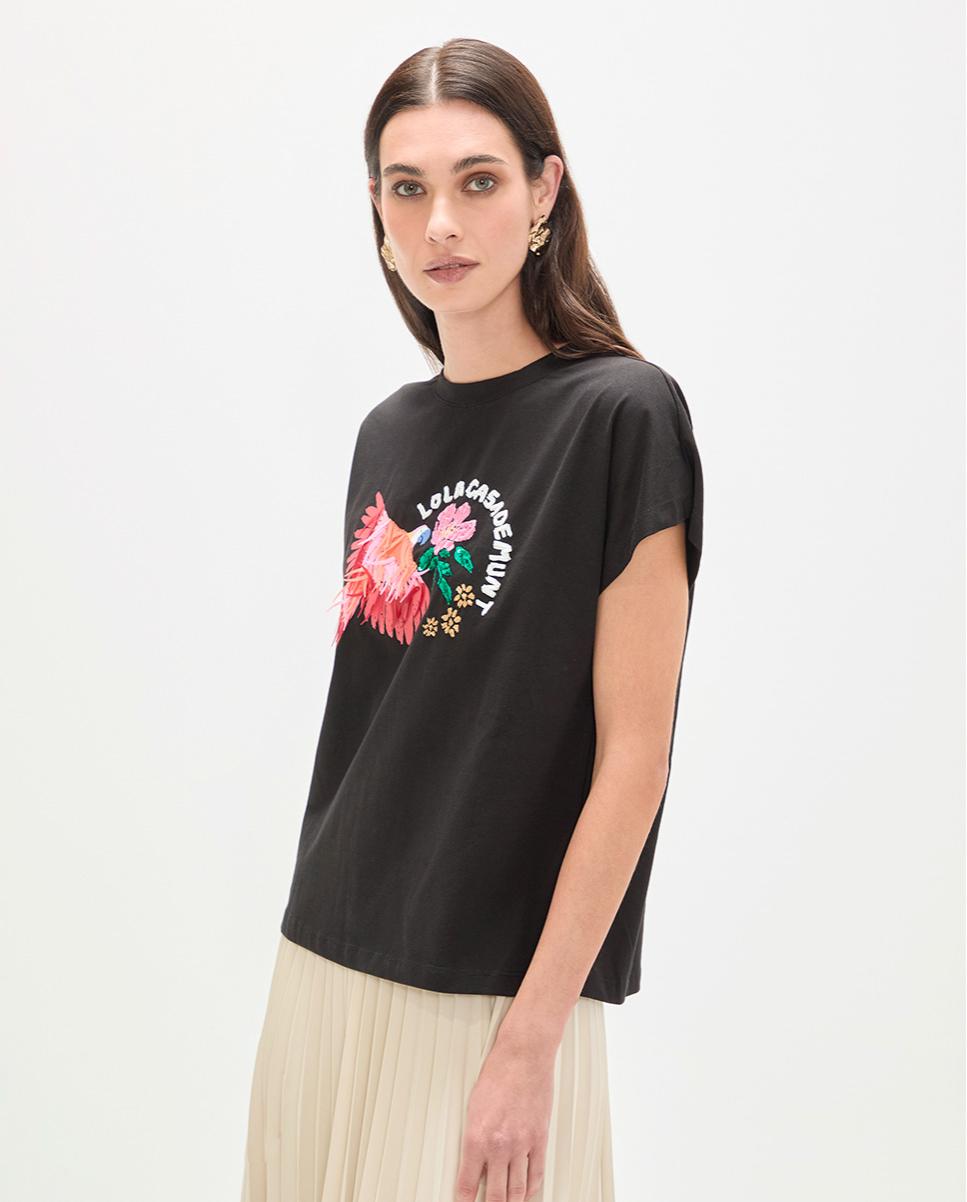 T-shirt com Motivo de Papagaio com Plumas Preto-2