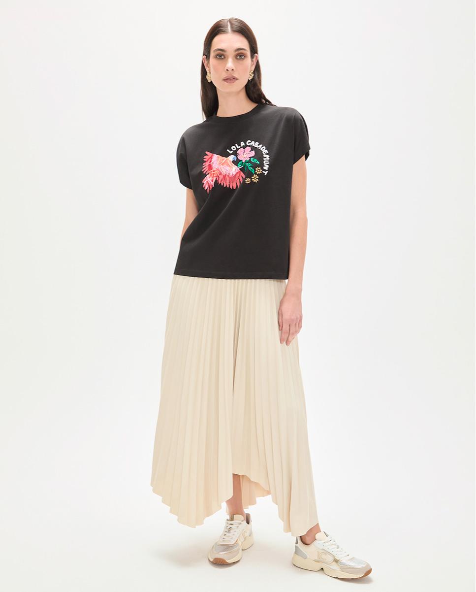 T-shirt com Motivo de Papagaio com Plumas Preto-3