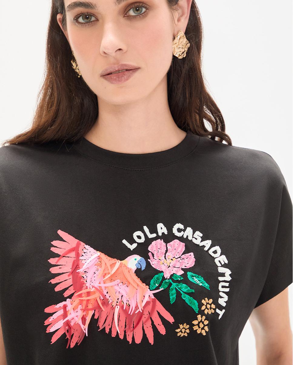T-shirt com Motivo de Papagaio com Plumas Preto-4