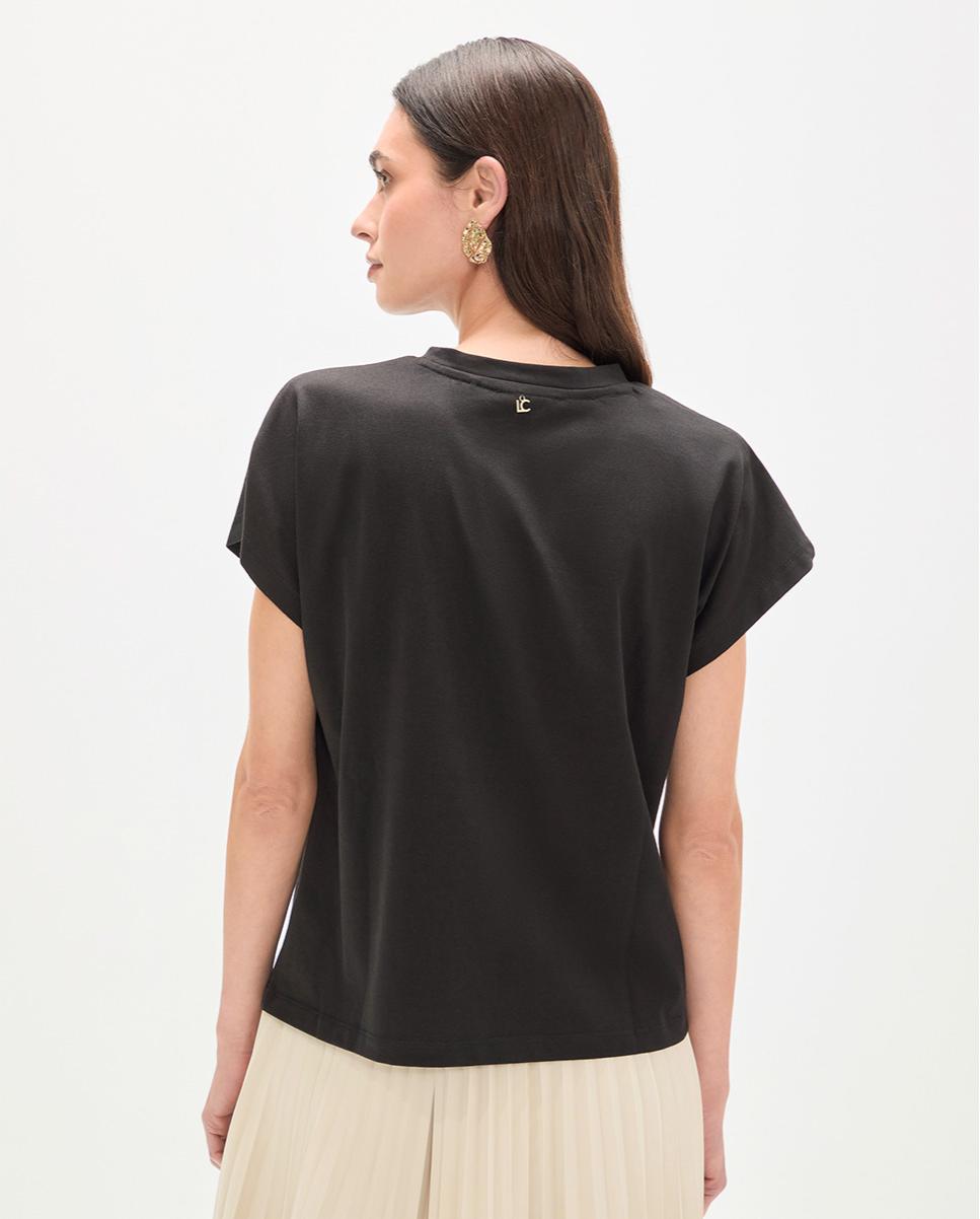 T-shirt com Motivo de Papagaio com Plumas Preto-5