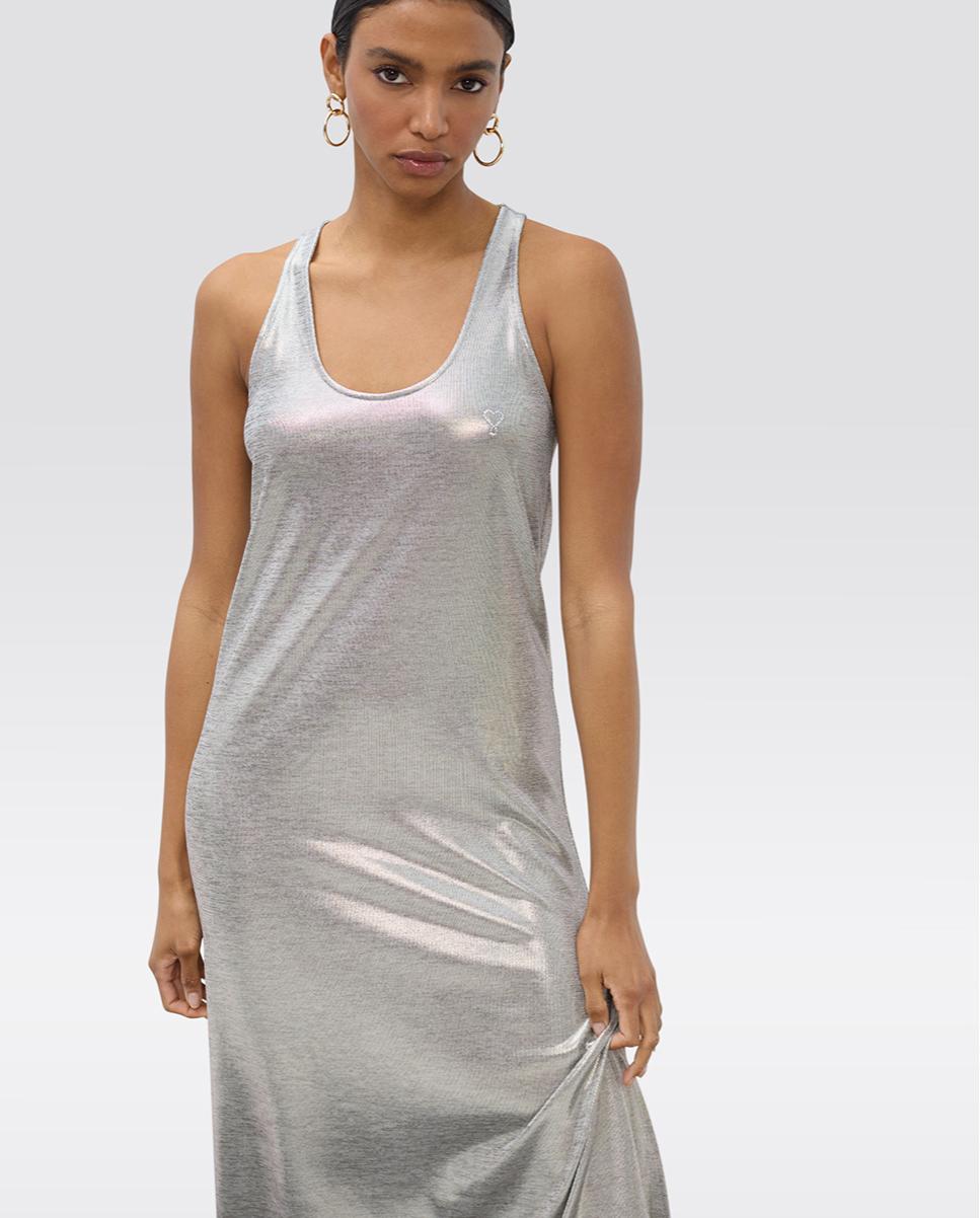 Vestido Comprido Laminado sem Mangas Prata-2