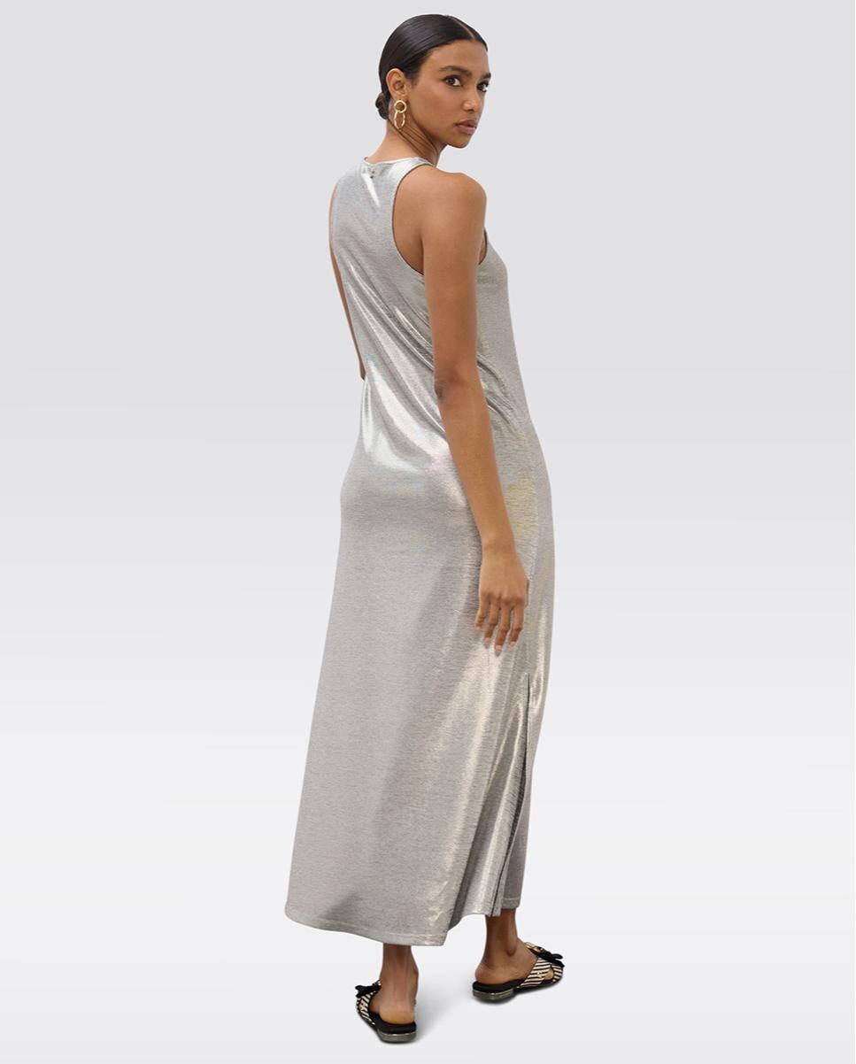 Vestido Comprido Laminado sem Mangas Prata-3