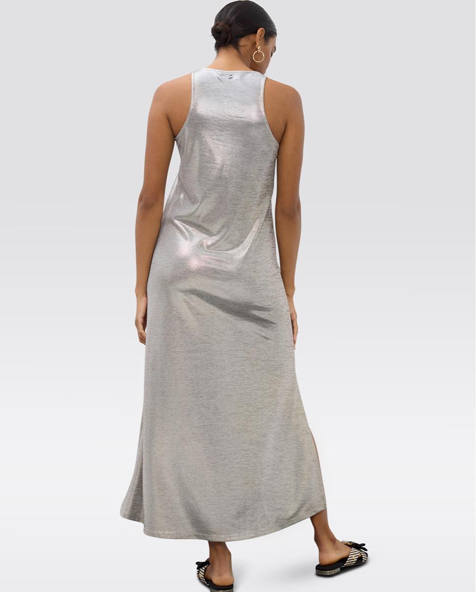 Vestido Comprido Laminado sem Mangas Prata-4