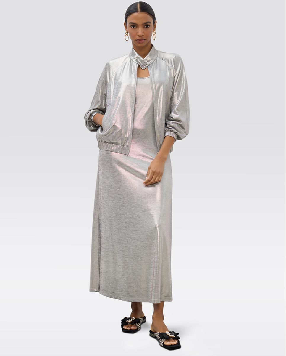Vestido Comprido Laminado sem Mangas Prata-5