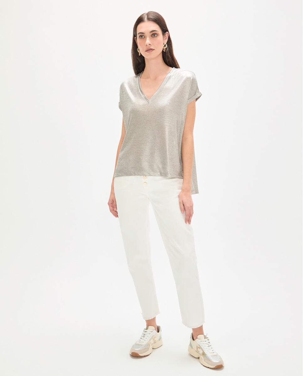 T-shirt em Tecido Laminado com Decote em V Prata-2