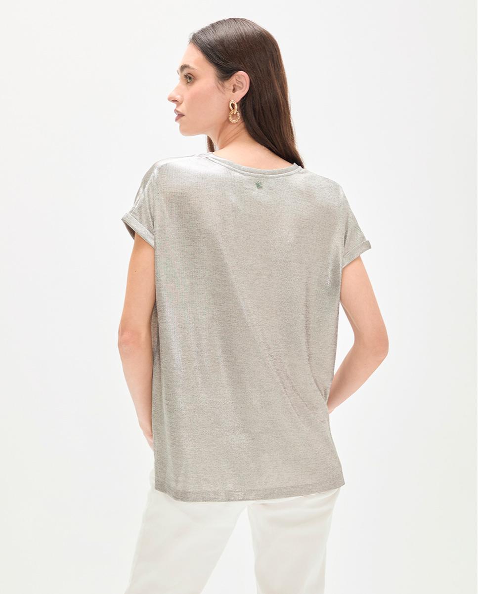 T-shirt em Tecido Laminado com Decote em V Prata-5