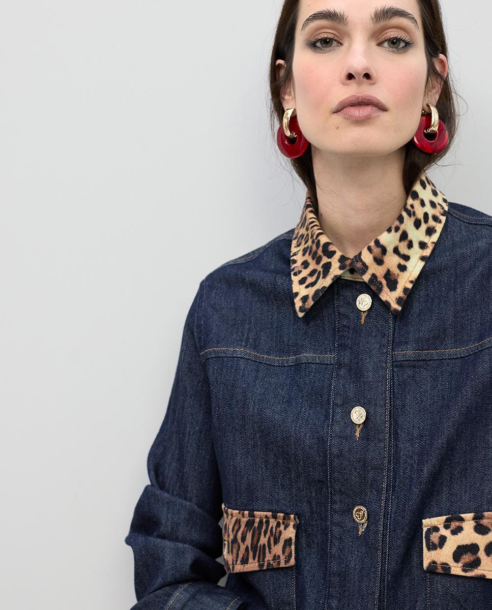 Blusão Jeans com Detalhes Animal Print Azul-marinho-3