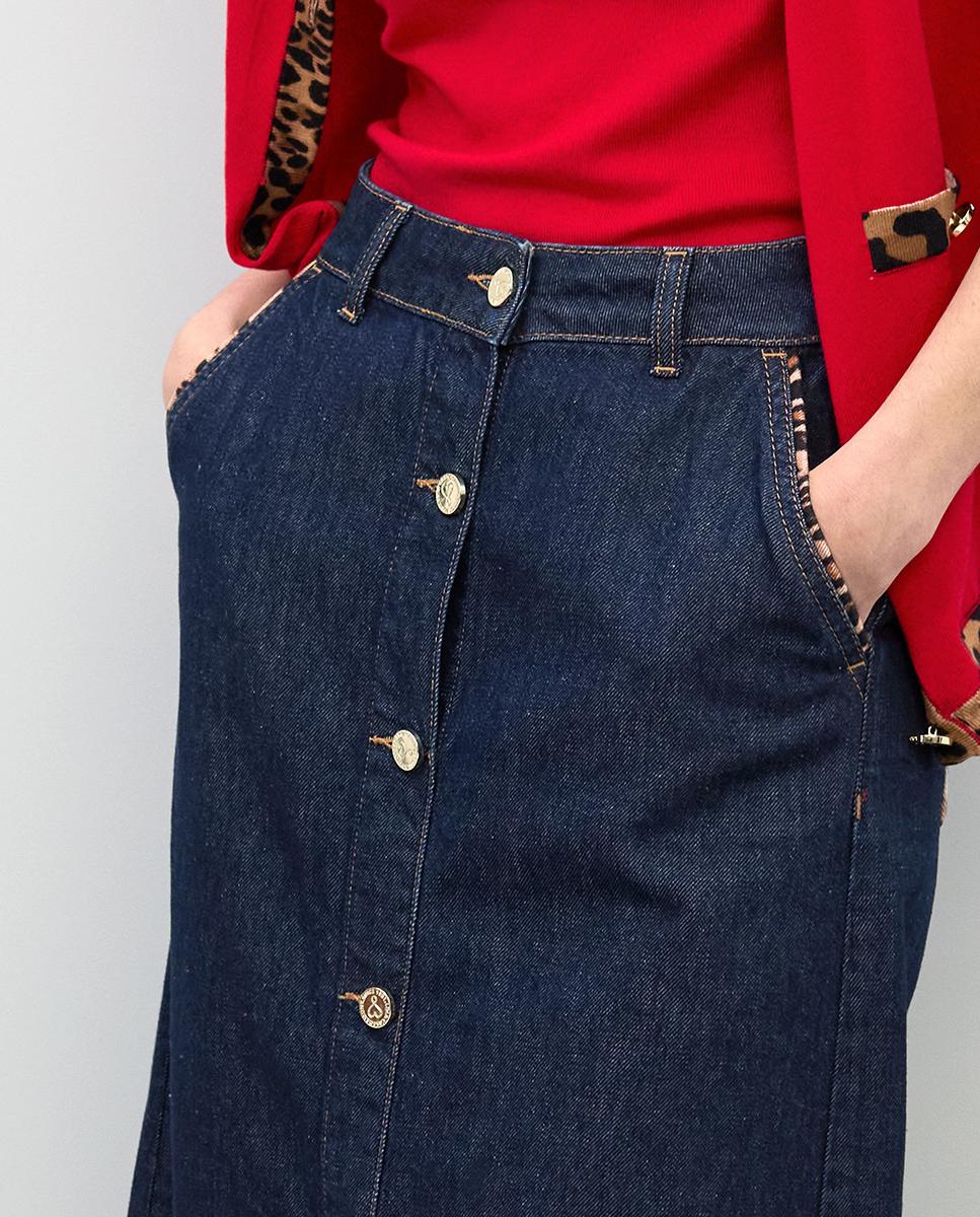 Saia Comprida Denim com Vivos Animal Print Azul-escuro-2