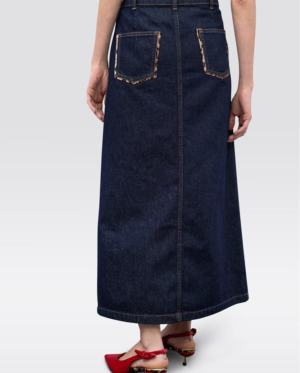 Saia Comprida Denim com Vivos Animal Print Azul-escuro-3